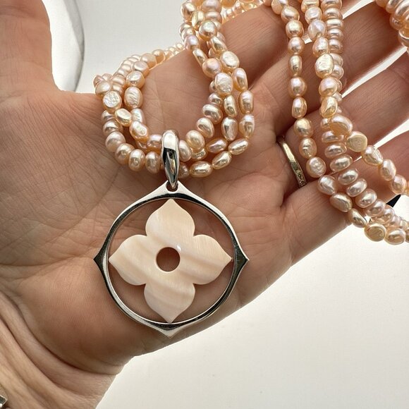 Honora Pearl Necklace Floral Flower Sterling Silver Pink Pendant Triple Strand - Picture 5 of 16